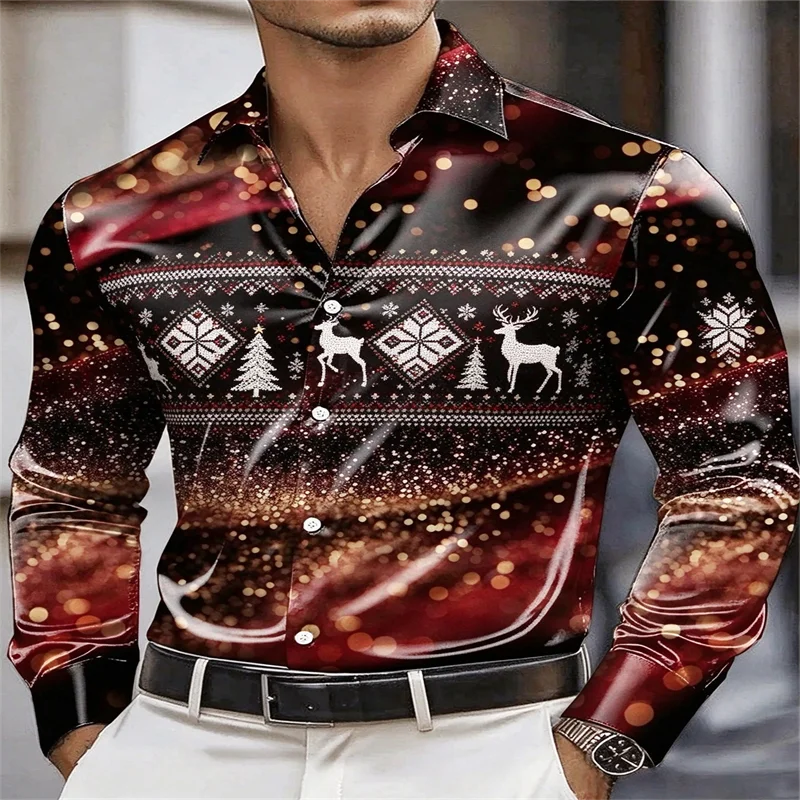Merry Christmas Men Shirt Colorful Bow Snowflake Glitter Bokeh Print Long Sleeve Lapel Button Down Holiday Party Dress Shirt