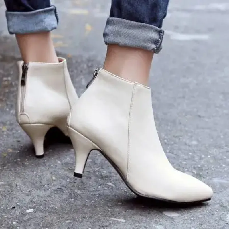Pointed Toe Ankle Boots for Women Fashion Back Zippers Short Boots Female Slim Thin High Heels Black Apricot Rose Shoes Booties