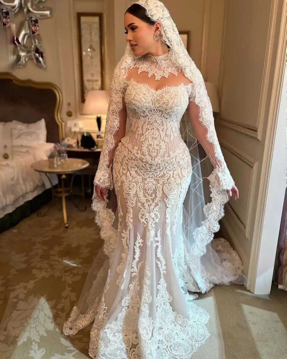 Classic Mermaid Wedding Dresses Appliques Lace Long Sleeve Bridal Gown High Neck Sweep Train Vestido De Noiva Customized