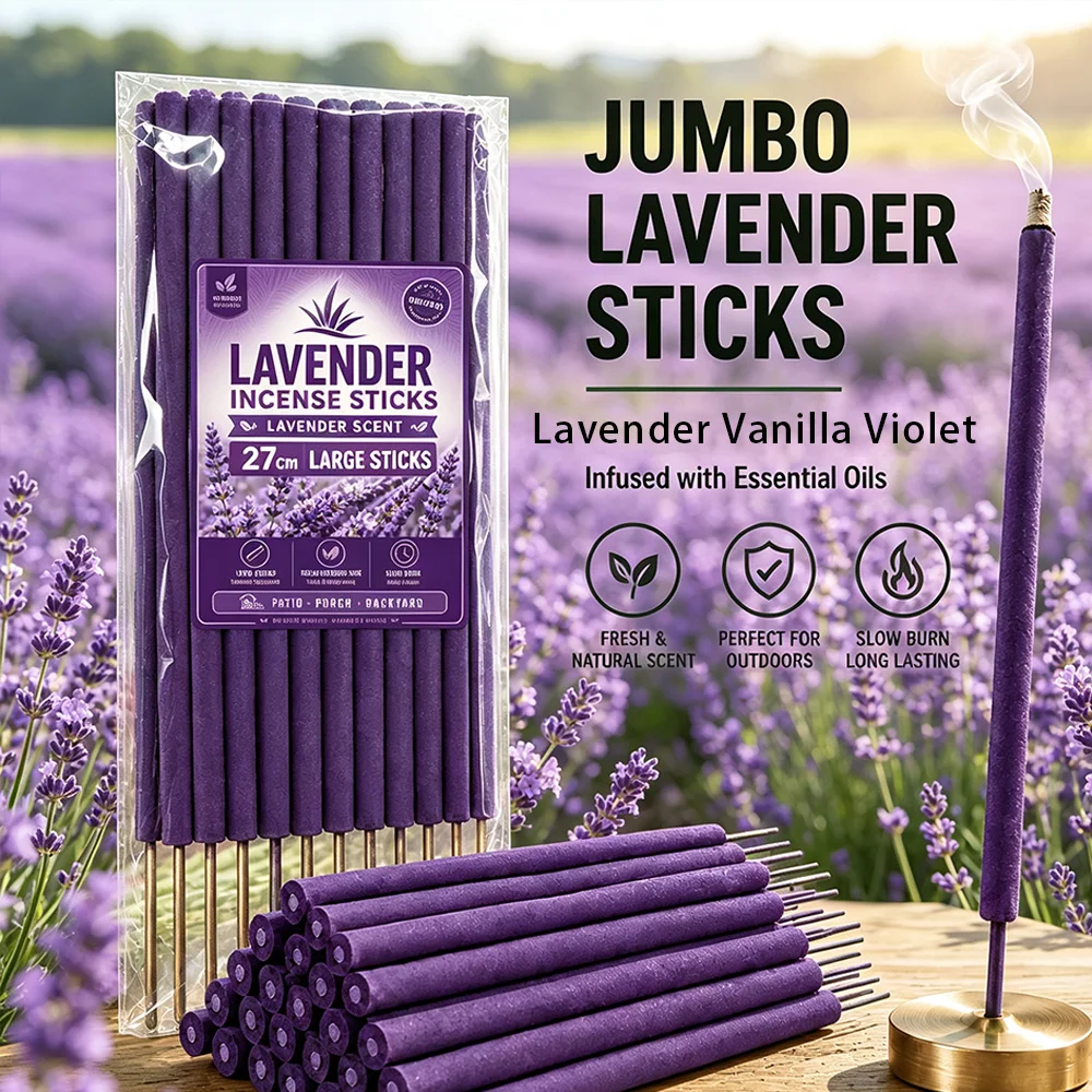 Extra-thick lavender-scented incense stick, 27cm long, handcrafted bamboo stick incense, made by hand from lavender, violet, and vanilla incense powder and essential oils, can burn for over 2 hours, with a rich and lon