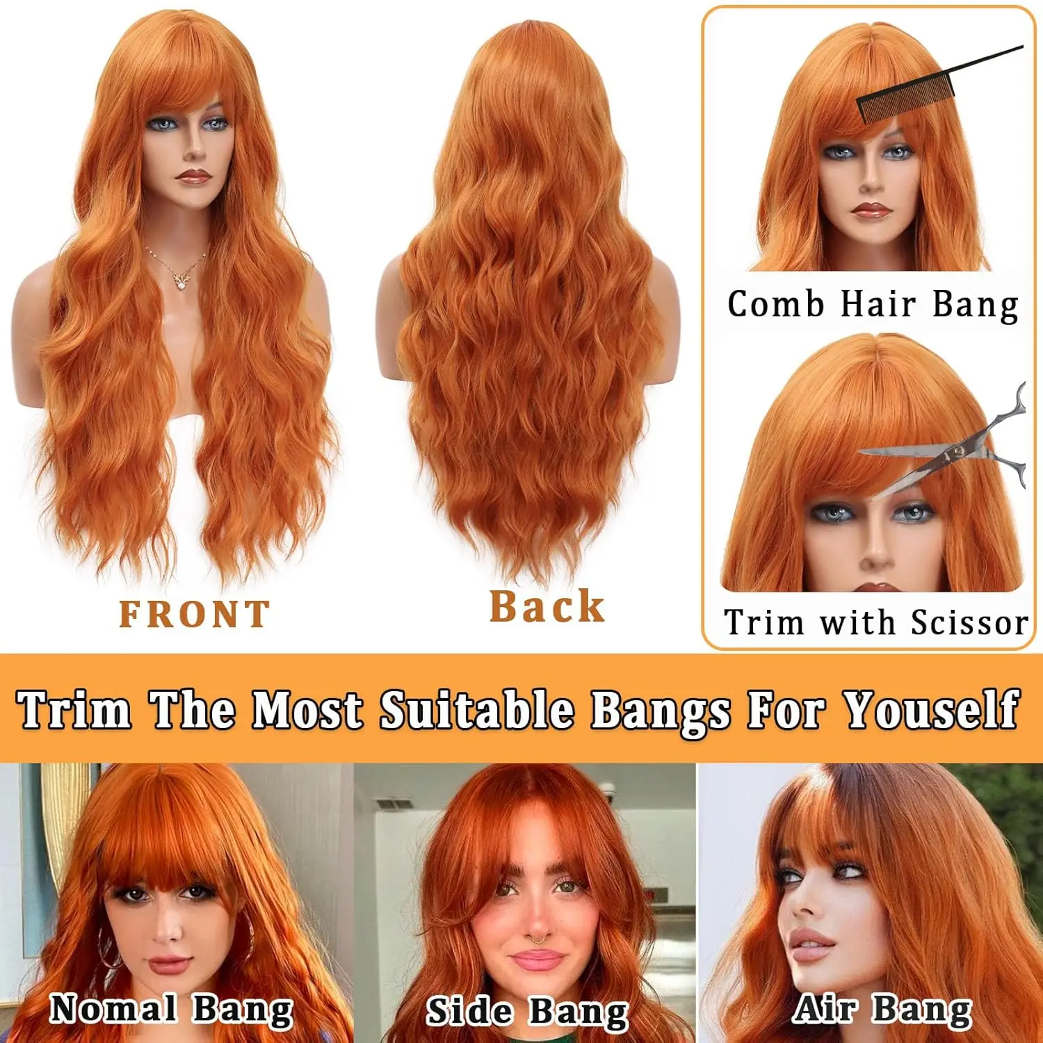 Orange Wigs with Bangs 26 Inch Long Orange Curly Wavy Wigs Wear for Women Looking Synthetic Heat Resistant Wig for Party Use