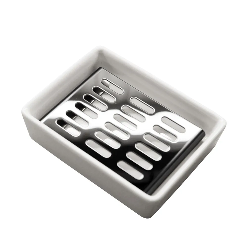 1Pcs Elegant Double Layer Soap Rack Stainless Steel Frame White Ceramic Base Water Drainage Soap Container for Bathroom Kitchen