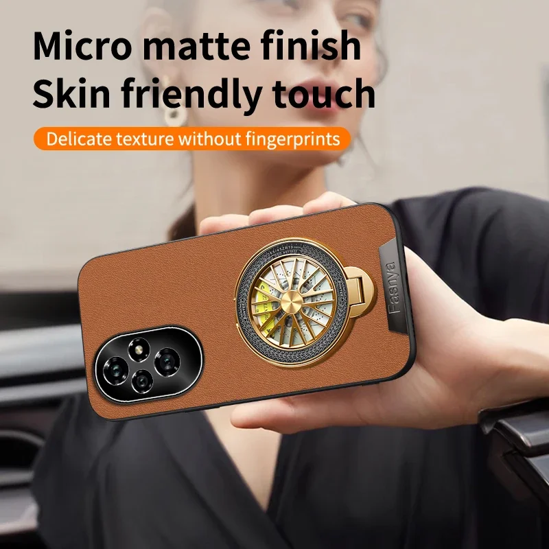 

Мягкий чехол для телефона с текстурой кожи для Honor 200 Pro, противоударный матовый чехол с вращающимся держателем, задняя крышка для Honor 300 Pro