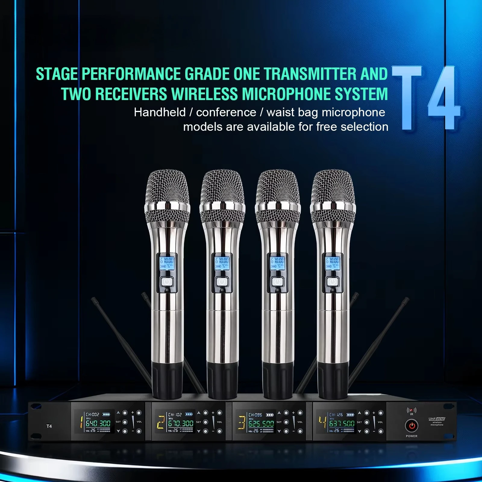 4 Channel Wireless Microphone System Professional UHF Fixed Receiver with 4 Handheld Mics for Stage Conference Church