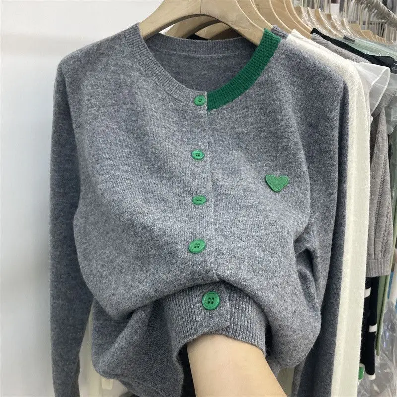 Spring and Autumn New Korean Gentle Knitted Cardigan Women Patch Long Sleeve Bottom Top Westernized Loose Sweater Female Coat