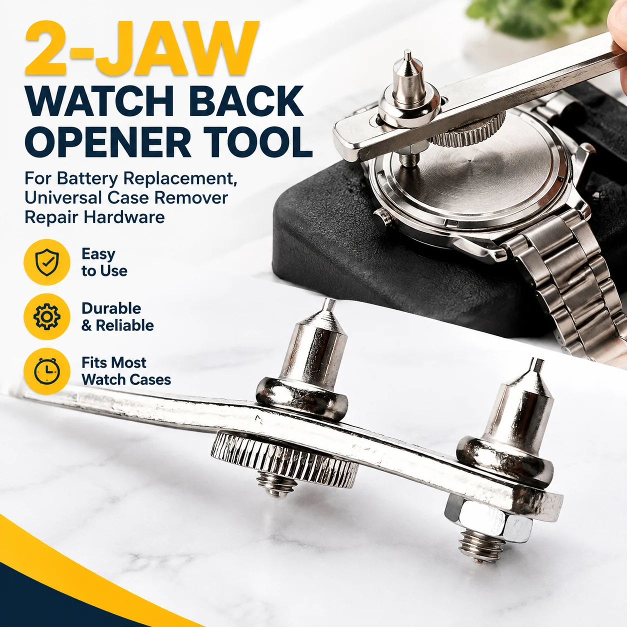2-Jaw Grooved Watch Back Opener Tool for Battery Replacement, Universal Case Remover Repair Hardware