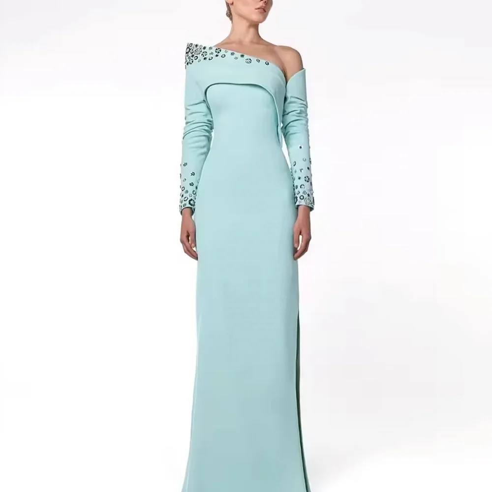 Customized A-Line Prom Dresses Floor-Length One-Shoulder Full Sleeve Evening Gown Fashion Sequined Side Split Party Gown