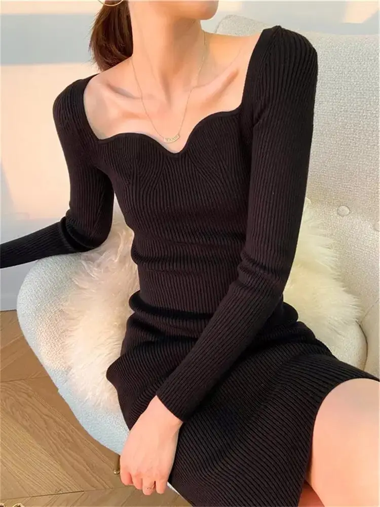 Vintage Harajuku Slim Sweater Dress Women Autumn Winter Long Sleeve Bodycon Knitted Midi Dresses Party Evening Club Female