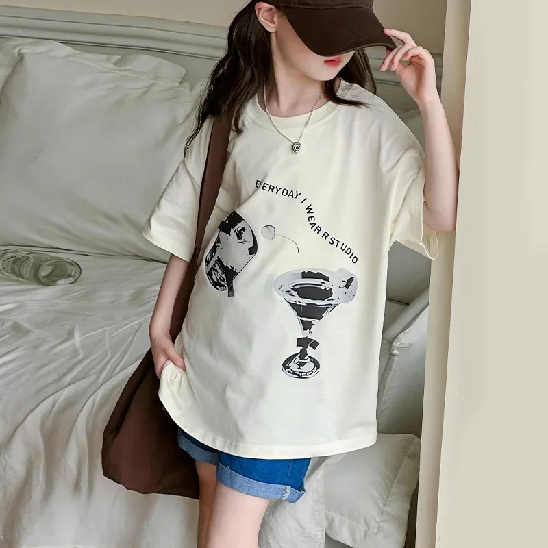 Girls Short Sleeve T-shirt Summer 2024 New CuHK Children Round Neck T-shirt Korean Style Fashion Cotton Printed Top Thin Tee