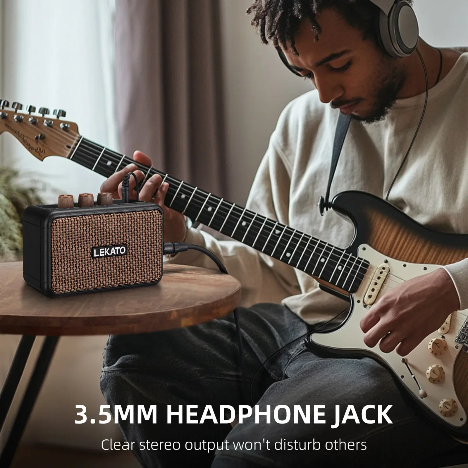 Lekato Practice/jamming Amplificador de guitarra Bluetooth recargable 5W Mini - Altavoces duales con efectos limpios y overdrive, diseño retro