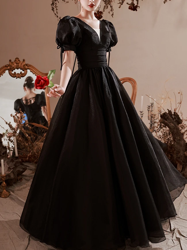 

Black Evening Party Dresses 2023 Summer New Elegant V-neck Wedding Dress Slim Waist Puff Sleeve Cross Lace Up Prom Vestidos