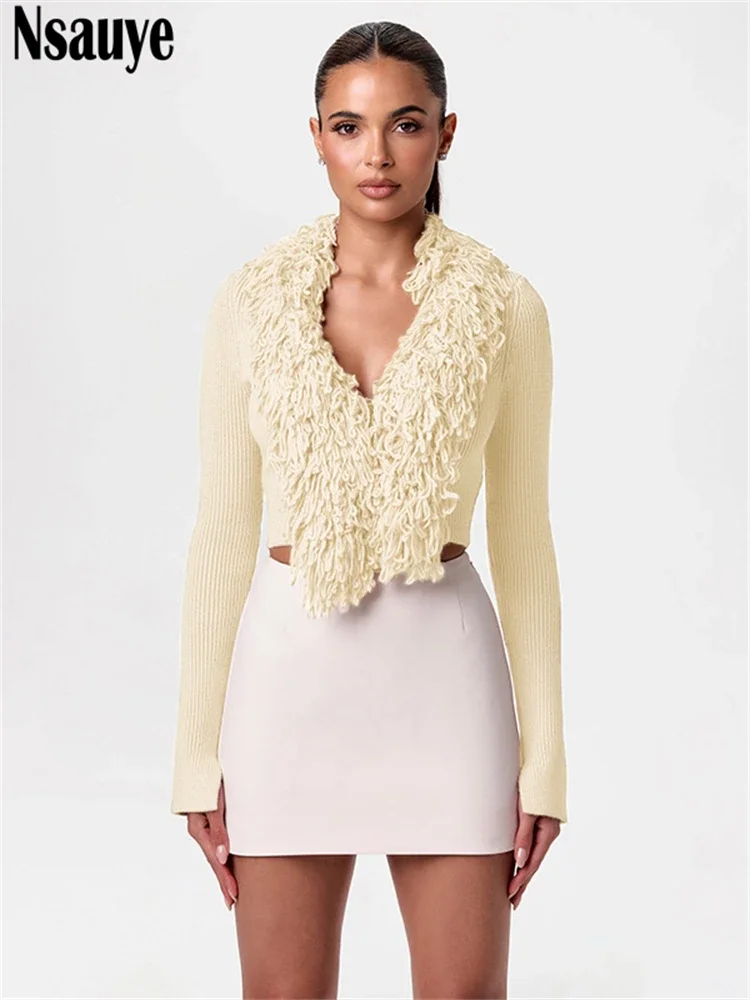 Nsauye Women Warm Tassel Sweater Jacket Tops 2024 Casual Mini Fashion Sexy Club Knitted Y2K Streetwear Cardigans Winter Coat