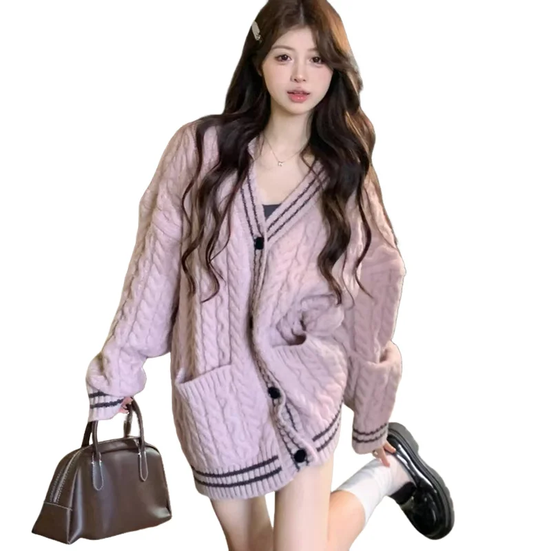 Academy Style Cable Knit Sweater Coat Women Autumn Winter Lazy Mid Long Soft Knitted Cardigan Top Cozy Warm Casual Cardigan