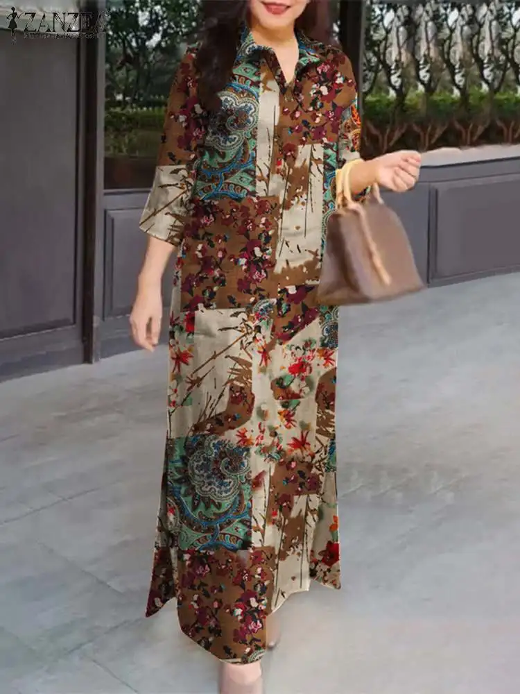 ZANZEA Women Fasihon Shirtdress Lapel Oversized 2024 Autumn Cotton Maxi Sundress Vintage Floral Print 3/4 Sleeve Long Dresses