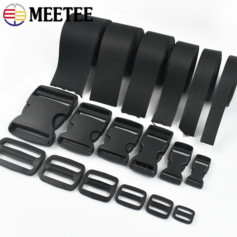 2/5Sets 25-50mm Black Nylon Webbing Strap Plastic Quick Release Buckles Bag Adjust Slider Clasp