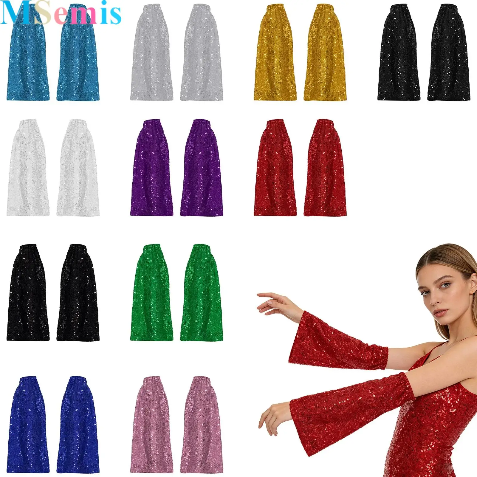 

1 Pair Women Shiny Sequin Arm Warmers Sleeves Elastic Band Bell Wide Design for Halloween Christmas Stage Performance And Party
