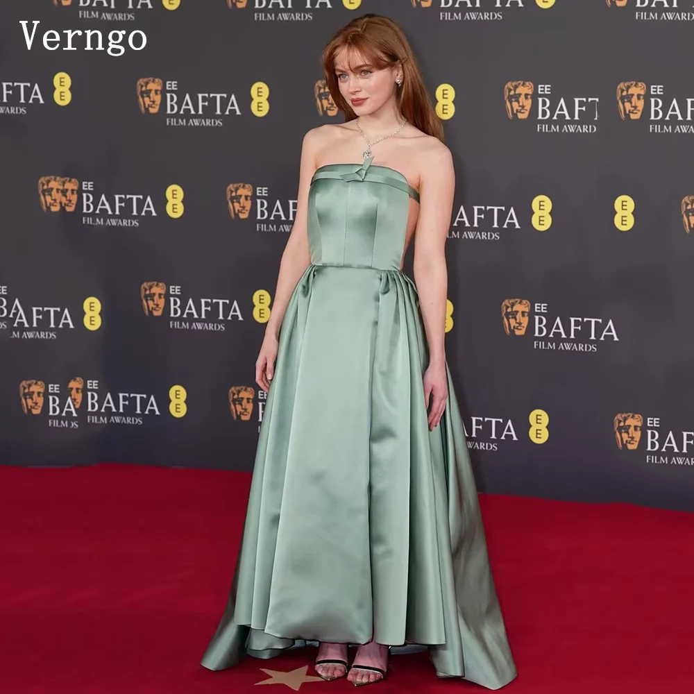 Verngo Green Satin Simple Evening Dress Strapless A Line Maxi Formal Occasion Dress Pleated Party Dress Customized