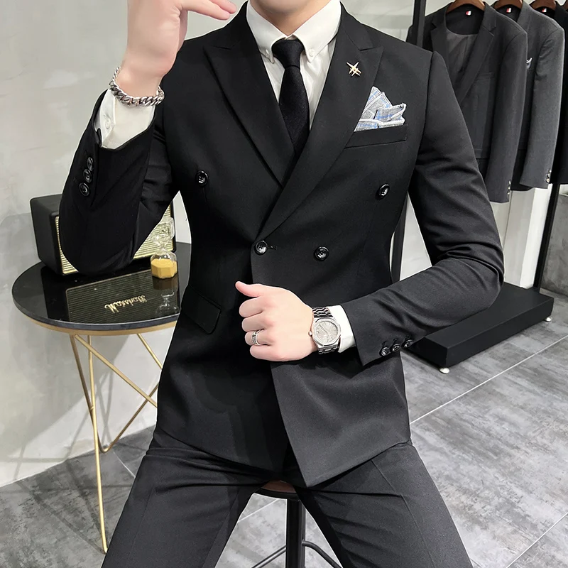 

Wedding Men's Suit Casual Double-breasted Three-piece Set Fashionable Urban Business Casual Polyester Blend Adult Formal Wear