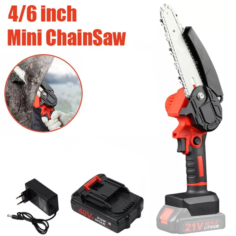 21V 4/6Inch Portable Cordless Chain Saw Electric Chainsaw Rechargeable Lithium-ion Battery Saws Gardening Power Tools