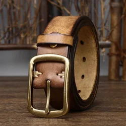 3.8cm Top Leather Cowhide Belt Fashion High Quality Genuine Leather Men Belt Copper Buckle Strap for Male Wide Luxury Retro Belt