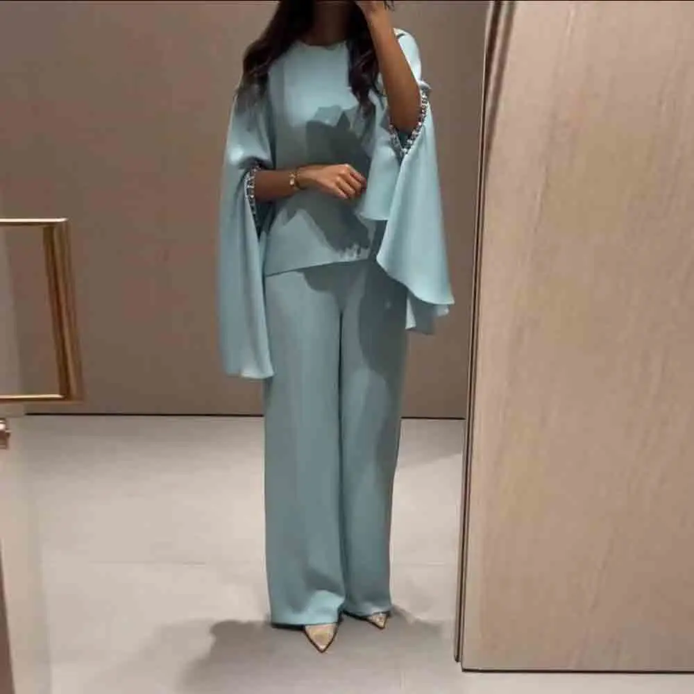 Customized 2 Pieces Mother of the Bride Outfit O Neck Batwing Sleeve Wedding Guest Pant Suits Crystal Trim Abaya