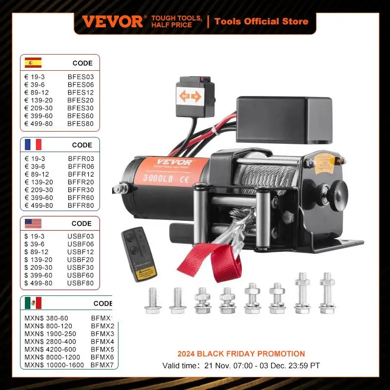 VEVOR Treuil Électrique 12 V 3000 lb 1361 kg avec Télécommande Sans Fil 20 m Treuil à Câble Acier