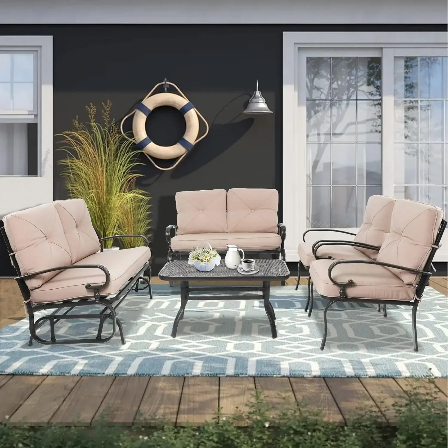 5-delige metalen meubelsets voor buiten, terrasconversatieset, smeedijzeren zweefvliegtuig, 2 enkele stoelen, loveseat en salontafel