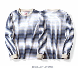 300G Heavyweight Winter Fall Fashion Premium Casual Loose Striped Sweatshirt Navy Sea Soul Style Retro Pullover Comfortable Tops