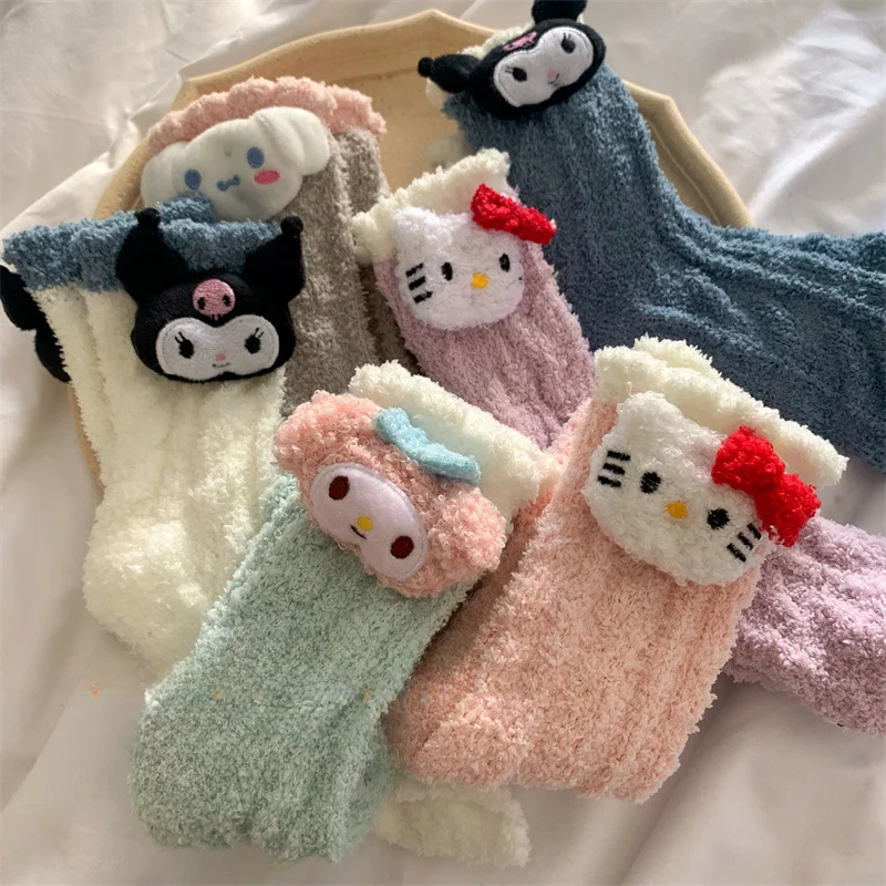 Sanrio Cartoon Character Warm Coral Velvet Socks Hello Kitty Kuromi Embroidered Doll Versatile Home Socks Floor Socks Sleep Sock