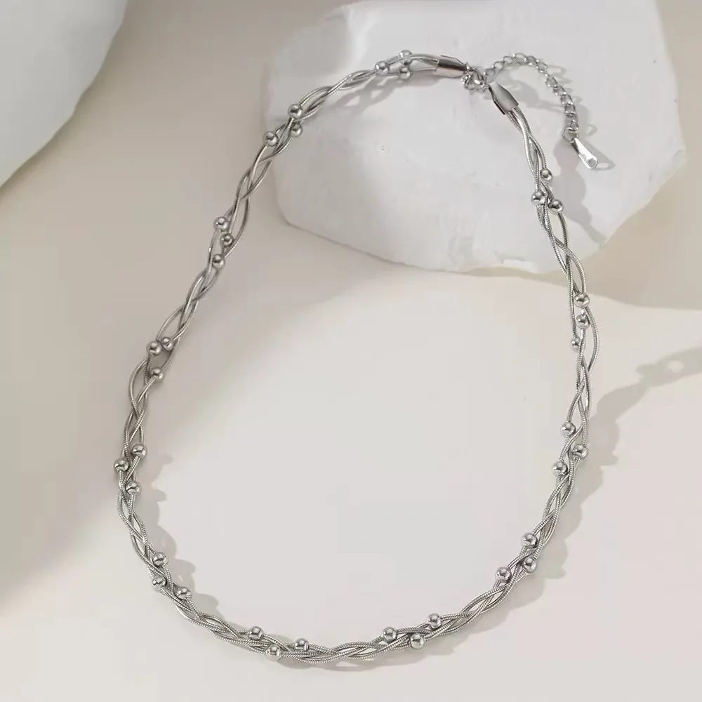EILIECK 316L Edelstahl Silberfarben Perlen-Wickelketten-Halsketten-Armbänder-Set für Damen Trendiger Wasserdichter Schmuck Geschenk – Detail 16