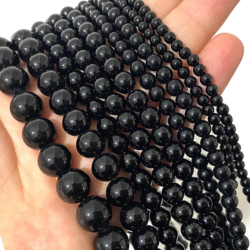 Hot Round Black Onyx Glass Loose Smooth Natural Stone Beads For Jewelry Making DIY Bracelet Earrings Handmade Accessories 4-14mm