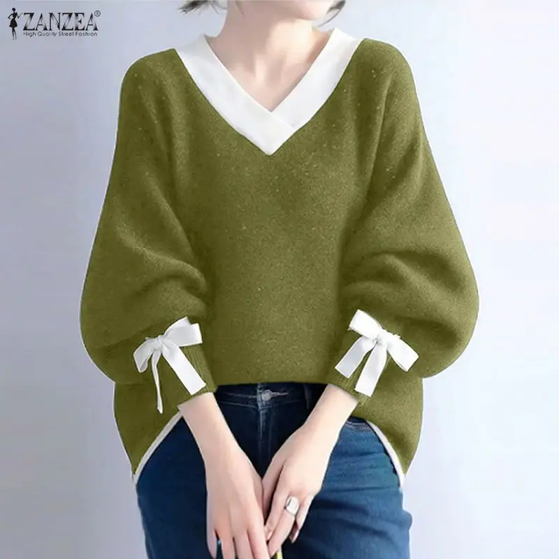 

2026 ZANZEA Весенний женский свитшот в стиле пэчворк, стильный пуловер с V-образным вырезом, топ с длинными рукавами, повседневные вязаные худи для офиса, оверсайз