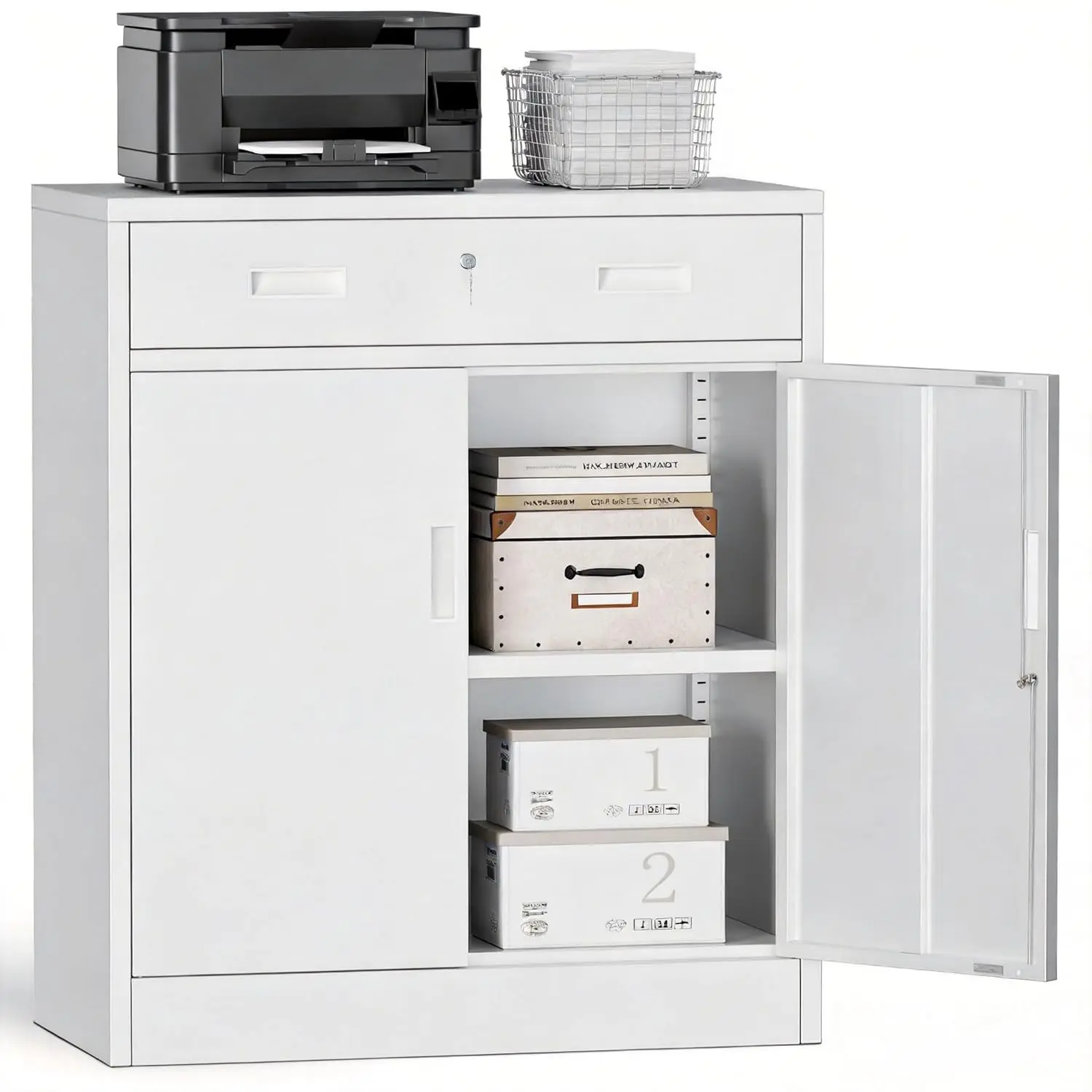 

Metal Storage Cabinets with Drawer, 36" H Lockable Storage Cabinet with Doors and Adjustable Shelves, Small White, Customized