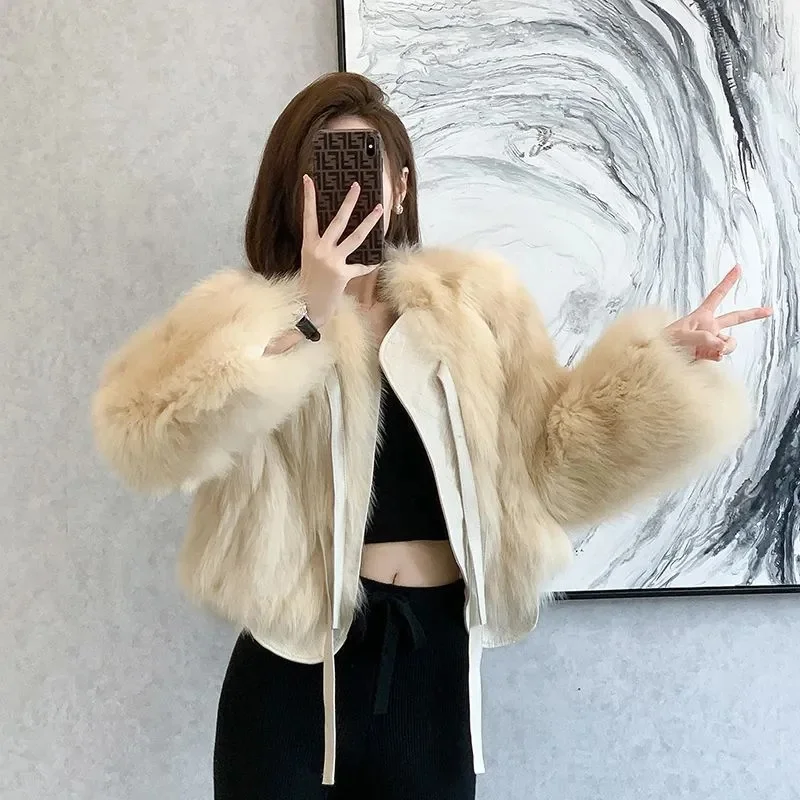 Fashionable Minimalist Commuting Faux Fox Fur Fur Coat Women's Short Autumn/winter New Korean Version Versatile Tie up Thick Top