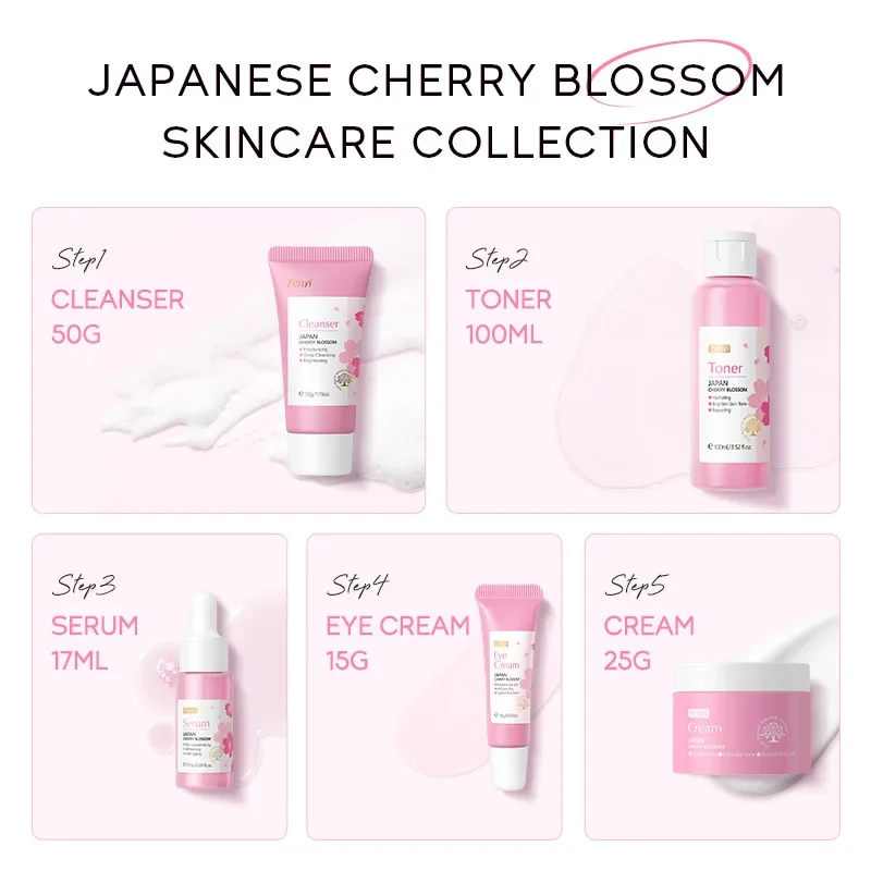 Japanese Sakura Skin Care Set 5-piece Facial Care Kit Essence Cream Cleanser Toner Serum Eye Cream Hydrating Smooth Fine Lines