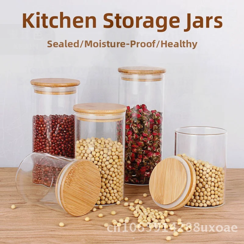 

Transparent Glass Sealed Jar with Bamboo Lid for Tea Storage Pastoral Style Food Storage Box Kitchen Household Tea Canister