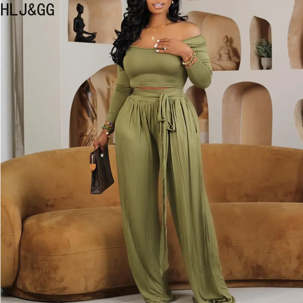 

HLJ&GG Casual Solid Wide Leg Pants Two Piece Sets Women Off Shoulder Long Sleeve Crop Top + Pants Tracksuits Female 2pcs Outfits