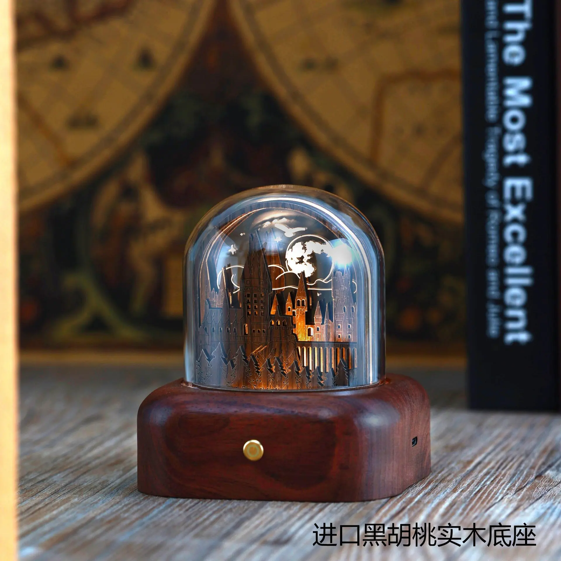 Gift Magic Castle Train 3D Stereo Night Light Wood Paper Carving Touch Black Walnut Music Box