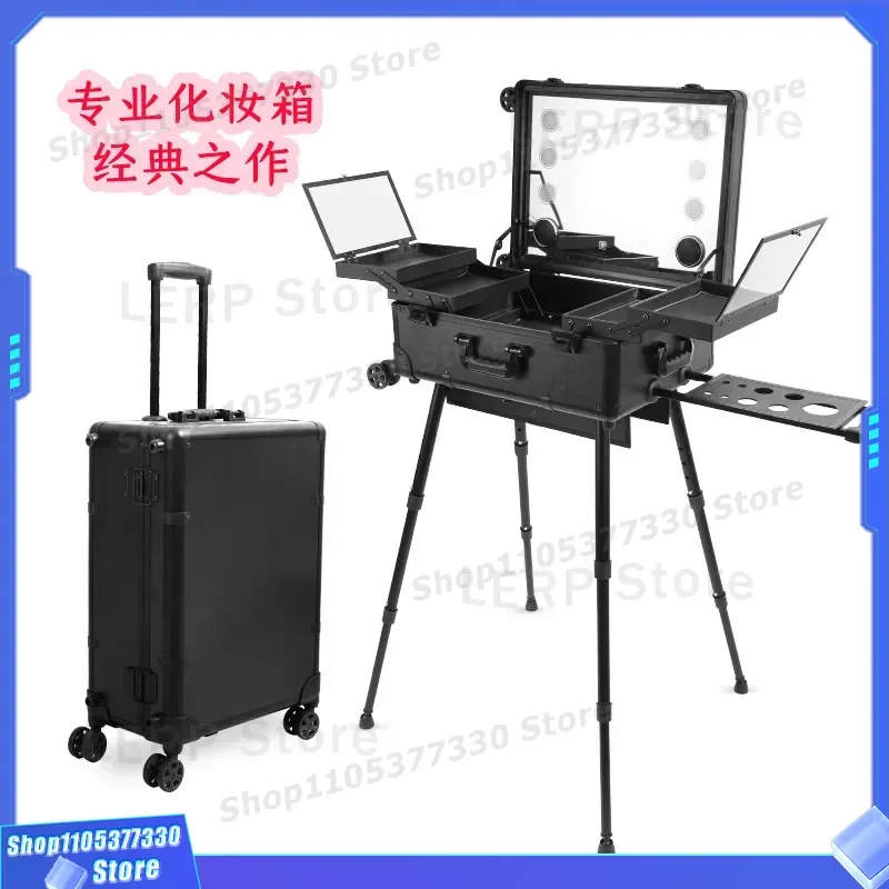 Portable Aluminum Alloy Makeup Trolley Case with LED Light Universal Wheels for Hair Tattoo Nail Art Beauty Salon
