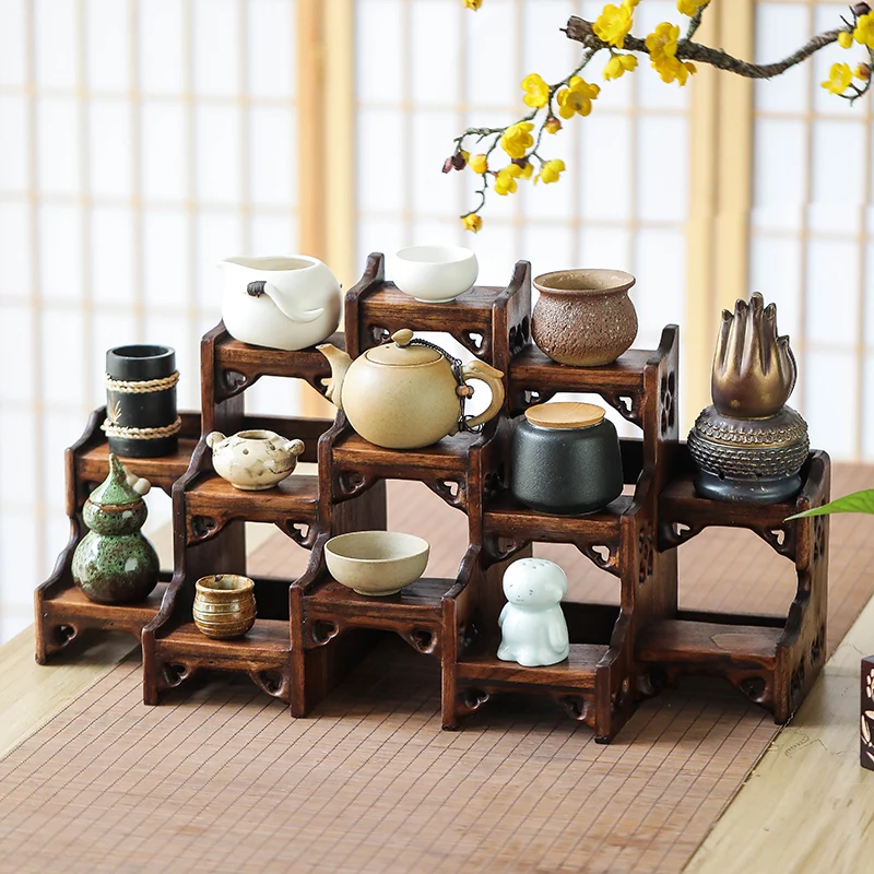 ‌Chinese Solid Wood Tea Shelf | Mini Antique Display for Yixing Teapot &Cup Set Compact Organizer with Zen Decor Desktop Storage