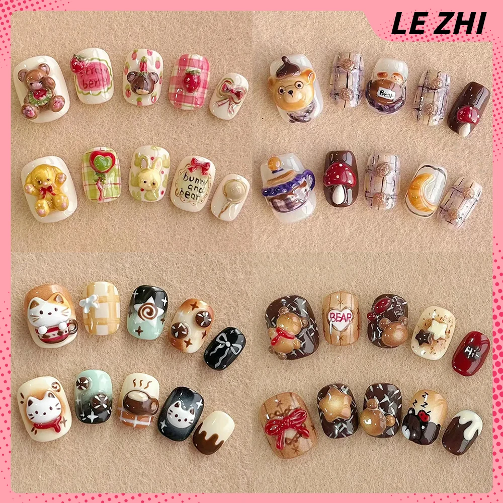 

Kawaii Cartoon Bear Cat Dog Snowman Handmade Short Square Round Fake Nails Bowknot Stars Strawberry Dessert Bread Press On Nails