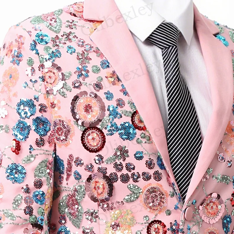 Olibexley – costume 2 pièces pour hommes, veste rose à paillettes, un bouton, coupe cintrée, adaptée aux mariages, marié, dîner d'affaires, fêtes