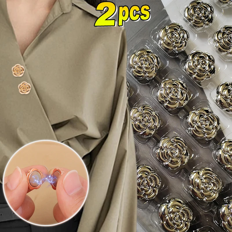 Vintage Metal Camellia Magnetic Buckle Mini Button Breast Pins for Women Shirt Breast Blossom Sweater Pins Headband Accessories