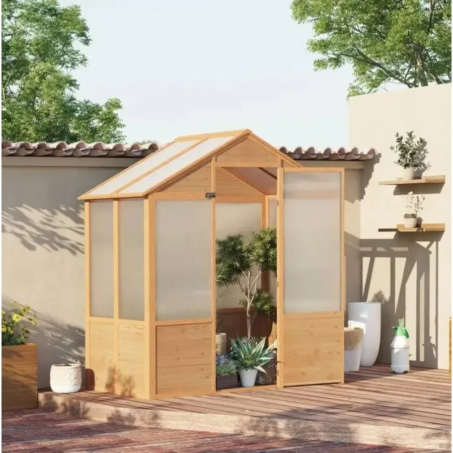 

6' x 4' x 7' Wooden Greenhouse; Walk-in Green House; Outdoor Polycarbonate Greenhouse with Door; Natural