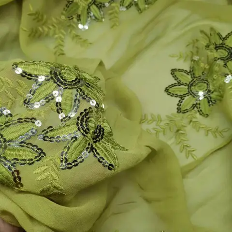 Olive 100% Silk Sequins Embroidery Bling Fabric For Saree Georgette Dress Sudan Toub Hijab Scarf Sewing Material