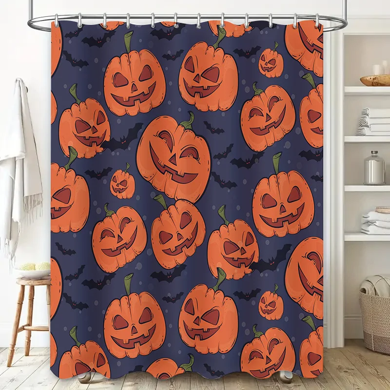 Halloween-themed pumpkin shower curtain featuring spooky designs perfect for your haunted house bathroom decor! Add a touch of s
