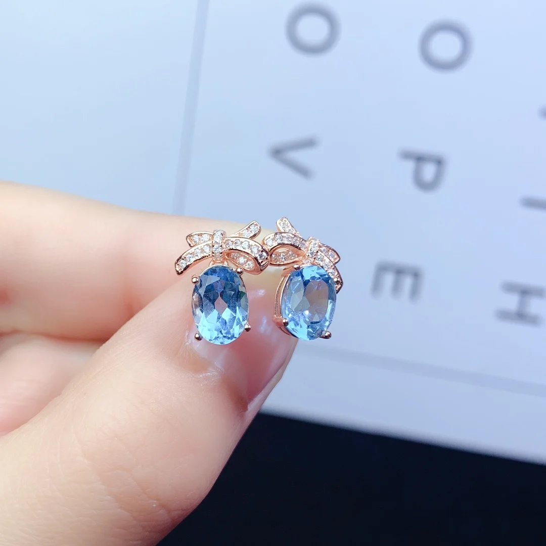 Swiss Blue Brand Natural Topa stone Stud Earrings Silver 925 Luxury jewelry women's free mail boutique can be customized