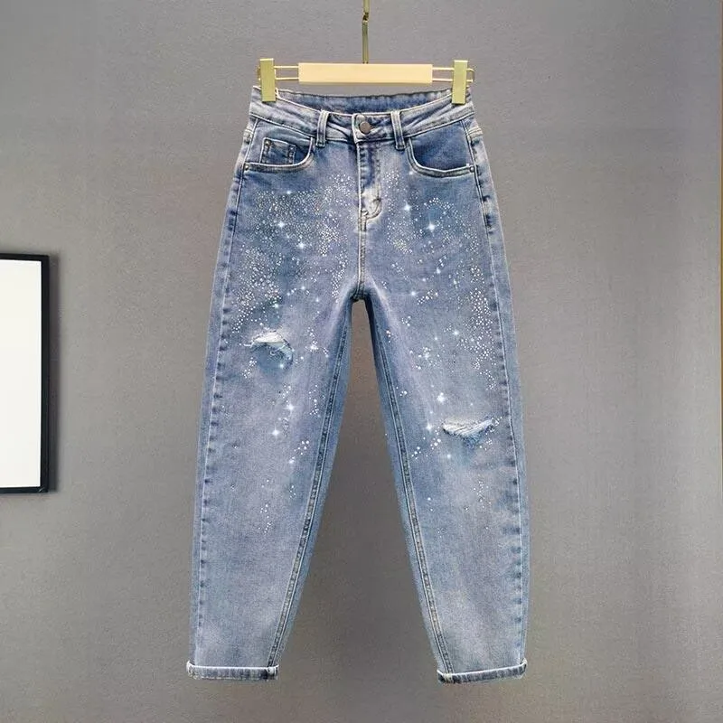 Hot Fix Rhinestone Ripped Women's Jeans Autumn New American Style Harem Pants High Waist Loose Slim-looking Blue Trousers