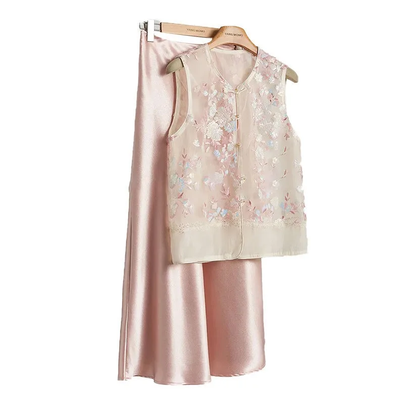 

New High End Chinese Style Two Piece Set Women Summer Sleeveless Embroidery Tulle Vest + Satin A-line Midi Skirt Fashion Suit