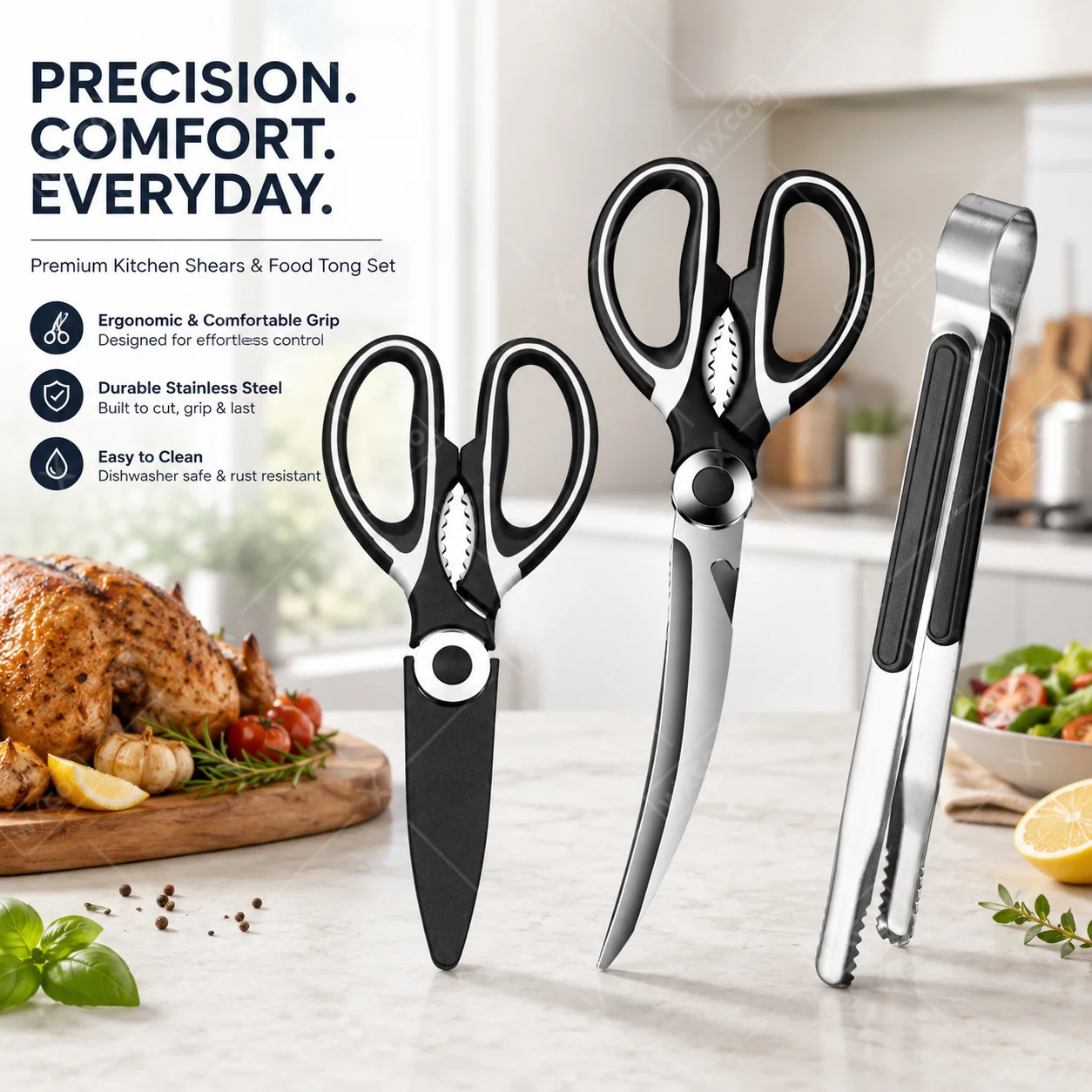 WXCOO Curved Blade BBQ Scissors Stainless Steel Heavy Duty Kitchen Shears with Tongs Sharp Edge for Cutting Meat Poultry Pizza
